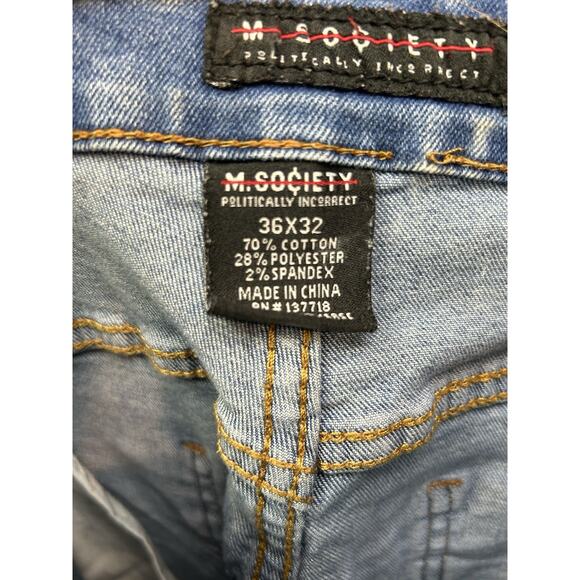 M. Society Politically Incorrect Jeans Distressed Mens 36x32 Measures 34x31 - Picture 6 of 9